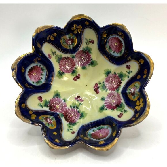 Vtg Hand Painted Porcelain Candy, Nut Dish, Colbalt Blue Floral Scalloped W/ Fee - Picture 3 of 5